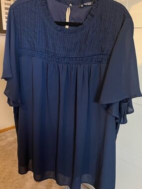 BloomChic Navy Pintuck Yoke Flutter Sleeve Blouse